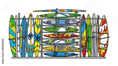 Vibrant surfboards on display in a colorful beach rack