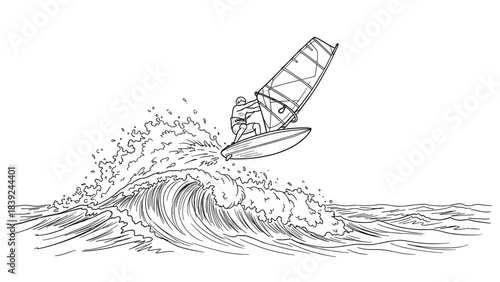 Dynamic line art of windsurfer riding ocean waves with energy and skill