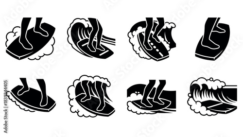 Dynamic surfing silhouettes: icon set of surfer footwork and waves