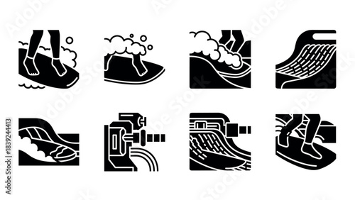 Monochrome surfing and watersports icons collection