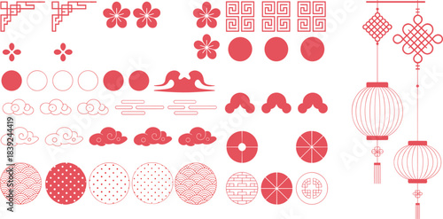 Traditional Chinese decorative elements set featuring lanterns, clouds, floral motifs, geometric patterns, moon symbols, and festive ornaments in modern style