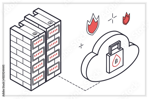Modern Data Center Illustration Secure Cloud Server, Network Rack and Digital Infrastructure