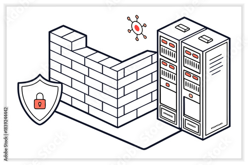Modern Data Center Illustration Secure Cloud Server, Network Rack and Digital Infrastructure