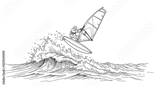 Monochrome wind surfer catching waves in dynamic ocean scene