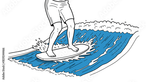 Dynamic line art of surfer riding ocean wave in monochrome style