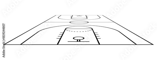 Clean perspective outline of a basketball court with key zones, arcs and marking lines, suitable for sport diagrams, coaching materials, athletic design themes and creative graphic projects.