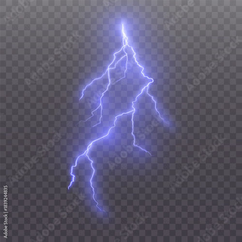 Realistic blue lightning with bright electric glow on a transparent background. Effect for superimposing an energetic lightning discharge for weather scenes, magic spells, and game effects.	
