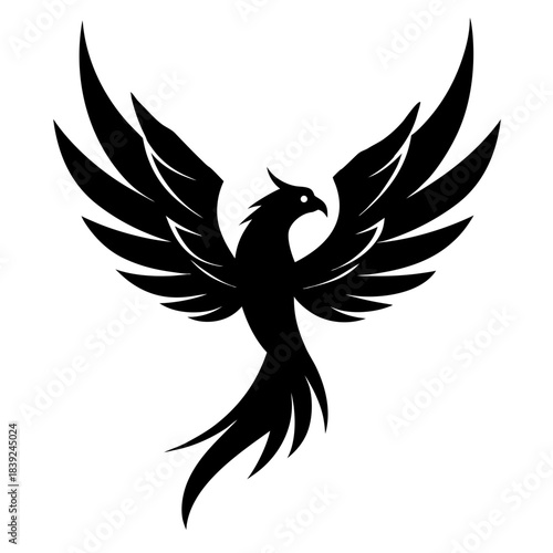 Mythical black phoenix bird with outstretched wings silhouette