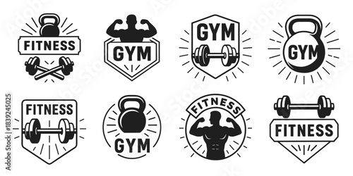 Fitness and gym logo set with sport symbols. Each emblem shows weights and athletic forms in bold minimal styling