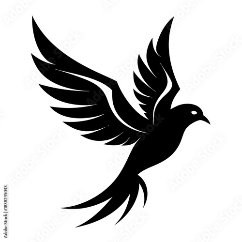 Stylized black bird in flight with outstretched wings silhouette