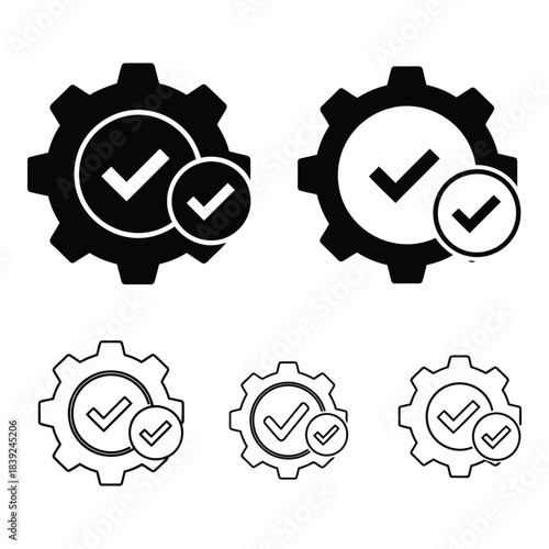 Gear icons with checkmarks signifying approval and functionality