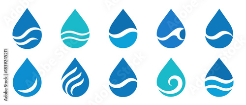 Water drop logo set with flowing shapes. Each emblem shows wave themed forms in clean minimal blue styling