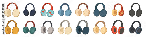 Winter earmuffs illustrated in a soft cozy style with various textures and patterns. The set includes fluffy, knitted