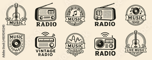 Music and radio logo set with retro instruments. Each emblem presents classic audio themes in decorative vintage styling