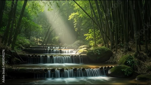Tranquil waterfall flows through lush green forest with sunlight beams