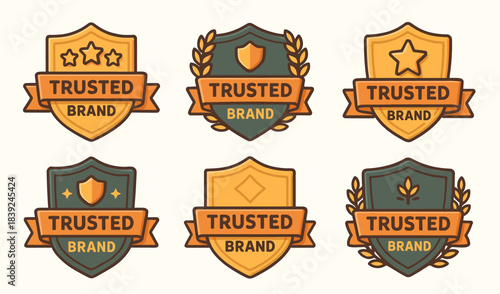Trusted brand badges featuring shields, stars and laurel branches in warm and muted tones. Each icon highlights trust, reliability and product reputation through decorative shapes