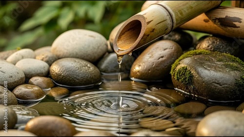Water flowing from bamboo spout into stone basin serene environment