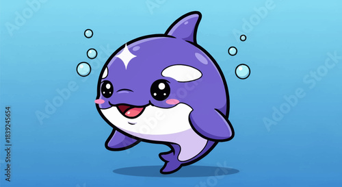 Cute Cartoon Orca Swimming Underwater with Bubbles.