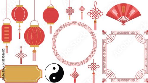 Traditional Chinese decorative elements set with red lanterns, knot ornaments, fan, gold frames, circular borders, and cultural symbols in elegant style
