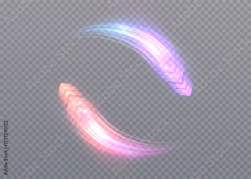 Light arrows with bright light beams. Elegant light effects in pink and purple tones, moving in a circle to create a magical effect and dynamic high-speed HUD elements and quick connection concept.