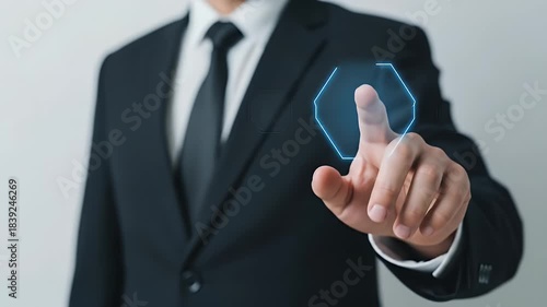 Businessman in Black Suit Touching Customer Support Interface on White Background With Clean Lighting and Digital Icons