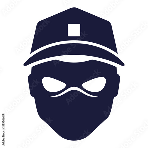Criminal masked face icon illustration wearing a cap, dark blue silhouette