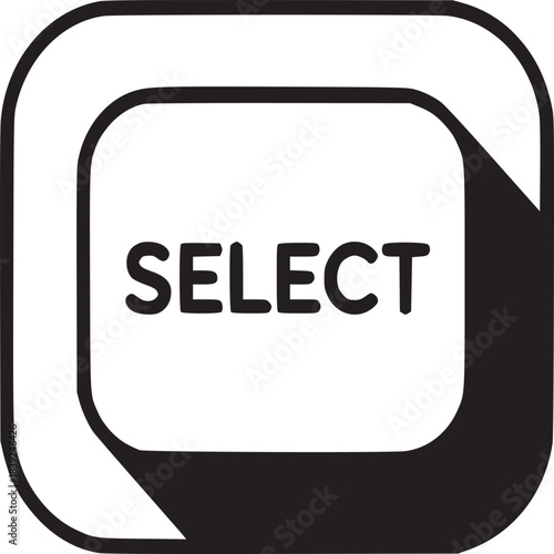 A stylized select button with a black shadow on a white background in a graphic design