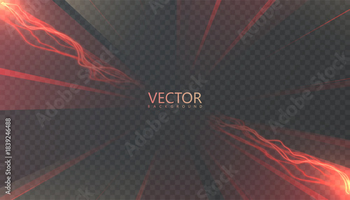 Glowing red energy background with lightning lines and radial light rays on dark transparent field. Suitable for dynamic banners, technology themes, gaming and dramatic design.