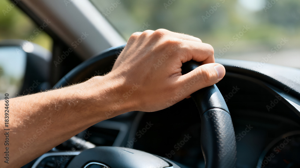 Naklejka premium A hand gripping the steering wheel of a car while driving. Suitable for themes related to transportation, travel, and automotive.