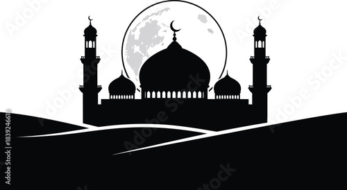 Silhouette of a mosque with a crescent moon in the background