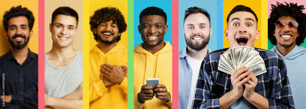 Fototapeta premium A diverse group of young men stands together against colorful backgrounds, expressing happiness and friendship.