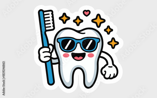 Kawaii Cartoon Tooth Character with Sunglasses Holding a Toothbrush Vector Sticker