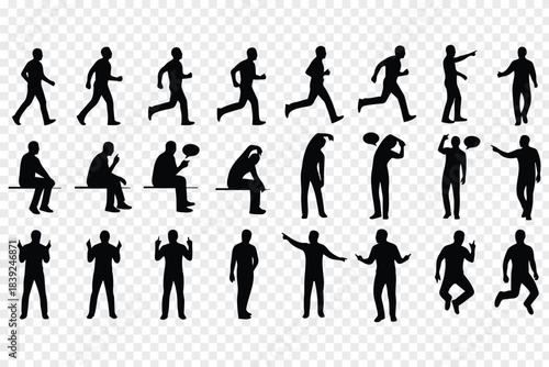 Collection of black human silhouettes showcasing a range of activities and postures against a transparent background