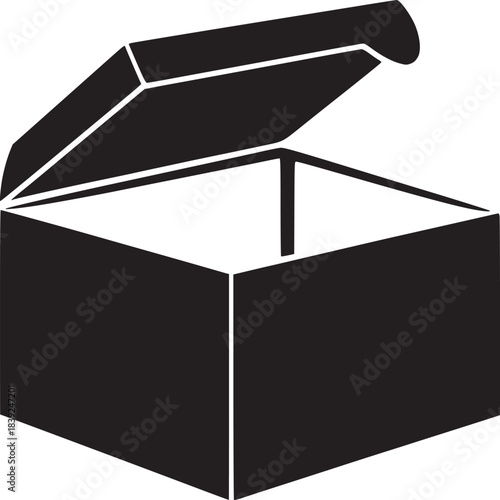 Illustration of an open black box with a lid partially raised against a white background plain style