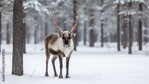 Majestic reindeer with impressive antlers standing in a snowy forest.