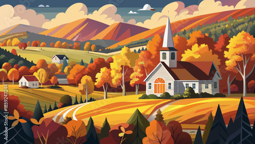 Very beautiful autumn countryside in Stowe, Vermont, featuring a classic white church surrounded by vivid fall foliage and rolling hills under soft atmospheric light.