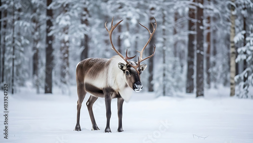 Reindeer Standing in a Snowy Forest Landscape.