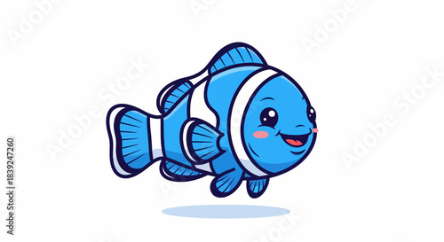 Cute Blue Clownfish Swimming Happily in Cartoon Style Illustration.