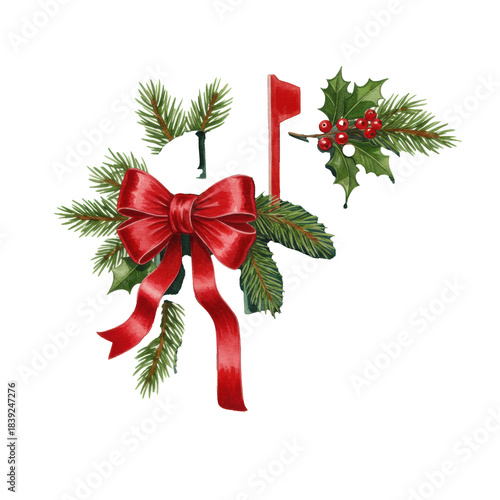 charming watercolor of an emerald green vintage r.f.d. mailbox decorated with a crimson velvet bow and holly, isolated on white, red flag raised, nostalgic holiday mailing concept