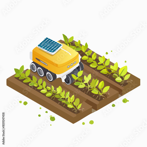 Isometric vector illustration of autonomous solar weeding robot in green crop field showing smart farming automation and eco friendly agriculture on white background