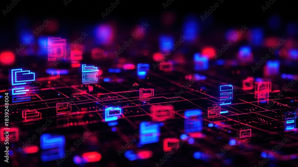 Fototapeta premium Abstract network grid with files and folders, futuristic software interface, digital document management system, store, search and organize documents, corporate business, paperless office 