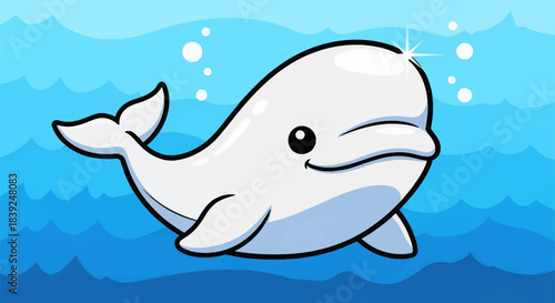 Cute cartoon beluga whale swimming happily underwater.