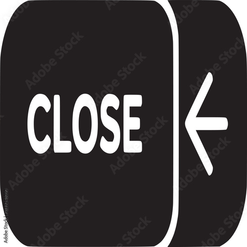 A black and white image of a close button with an arrow pointing to the left on a white background