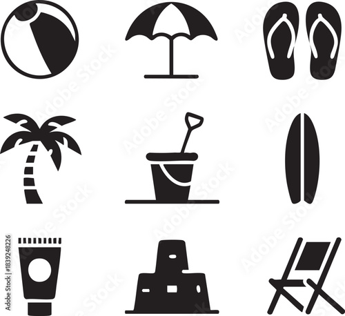 Black and white icons of beach vacation items including a ball umbrella flip flops palm tree sand bucket surfboard sunscreen sandcastle