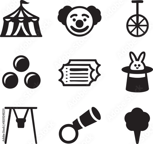 Black and white icons of circus tent clown unicycle juggling balls ticket rabbit hat swing telescope cotton candy