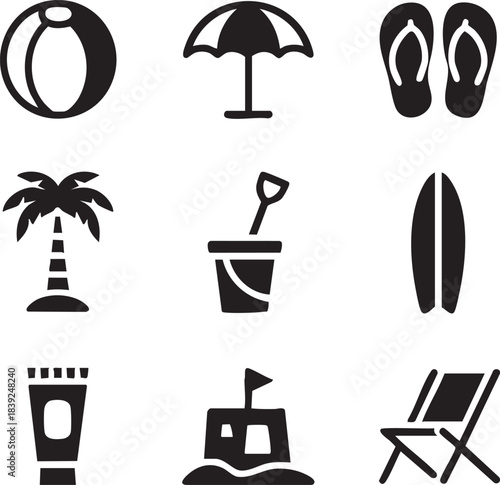 Black beach icons including ball umbrella flip flops palm tree sand bucket surfboard sunscreen sandcastle and chair