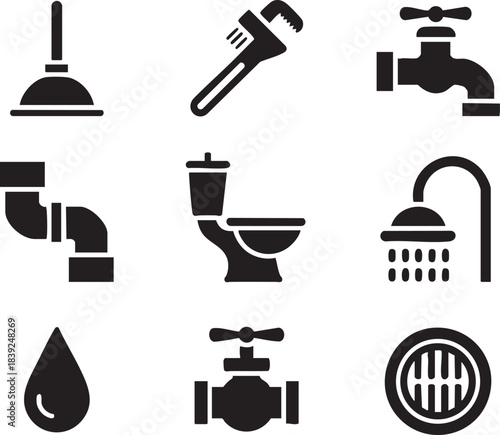 Black icons of plumbing tools and fixtures including plunger toilet shower pipe faucet and drain