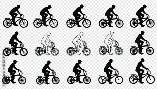 Silhouettes of a person riding a bicycle in various poses
