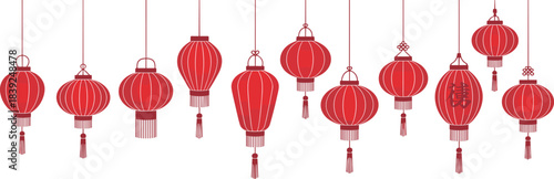 Traditional red Chinese lanterns hanging in a row, festive decoration illustration for Lunar New Year celebration, cultural holiday design elements