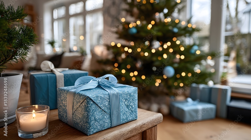 Obraz premium Festive wrapped gifts and a glowing Christmas tree create a warm holiday atmosphere in a cozy living room setting